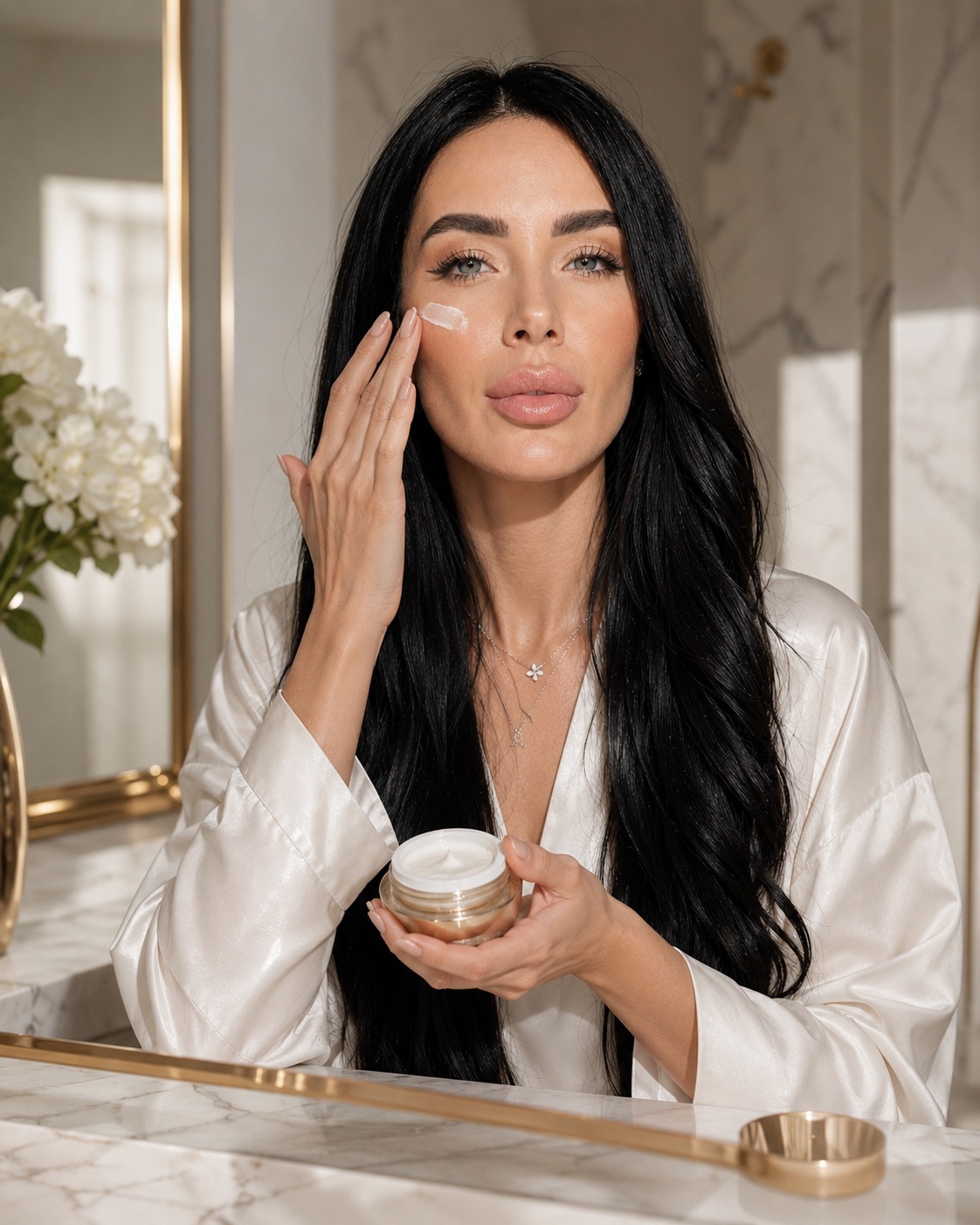 Cream applied to the cheek at a marble vanity with the jar held in frame
