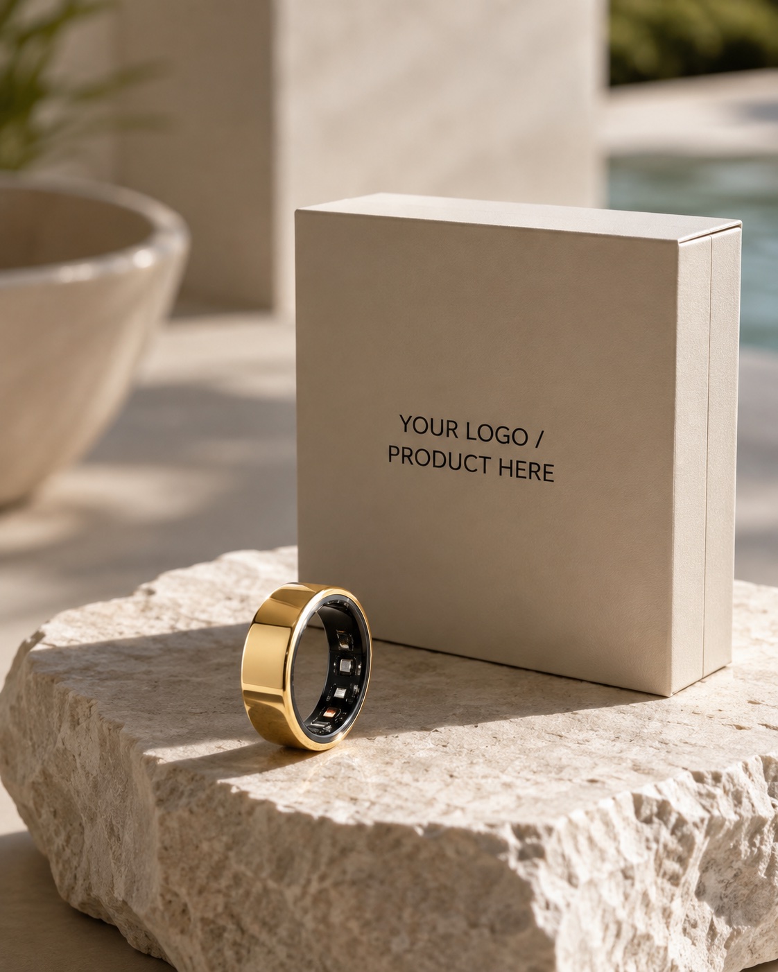 Wearable and packaging still on travertine