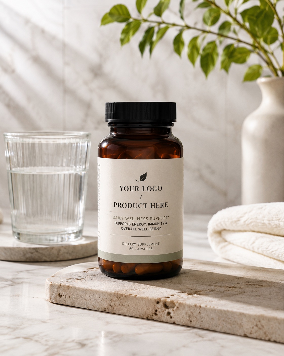 Supplement bottle on travertine with a water glass and towels