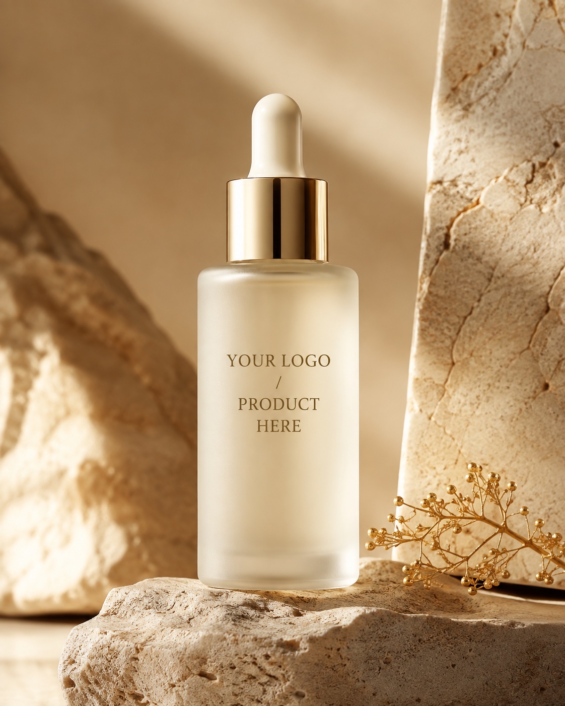 Gold-capped serum bottle on stone