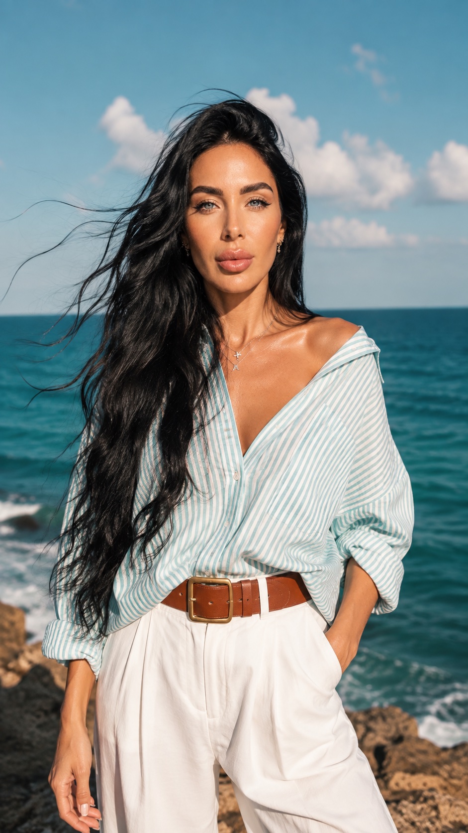 Striped linen shirt and white trousers on a rocky coastline