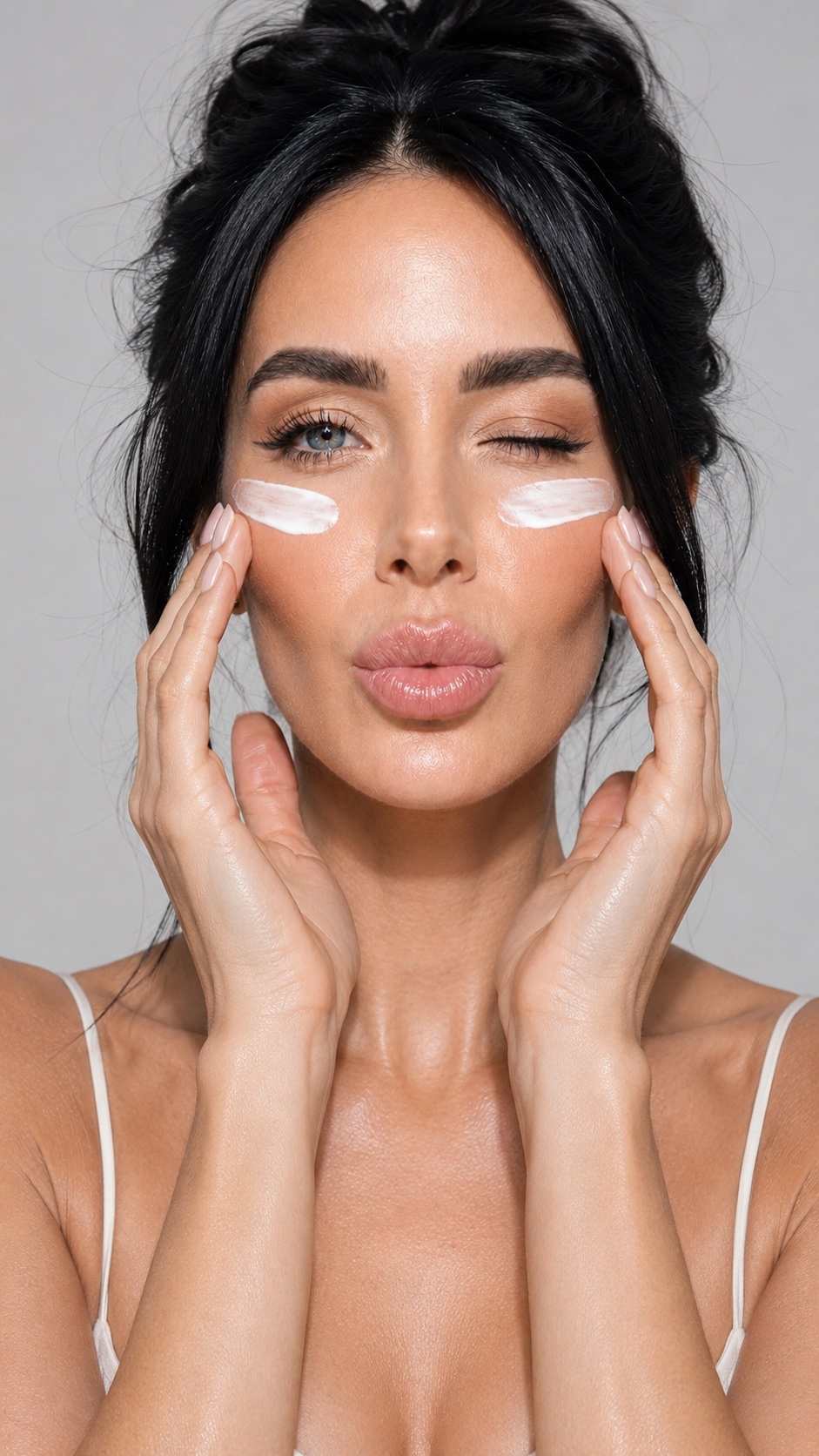 Cream swipes applied to the cheeks on a gray studio ground