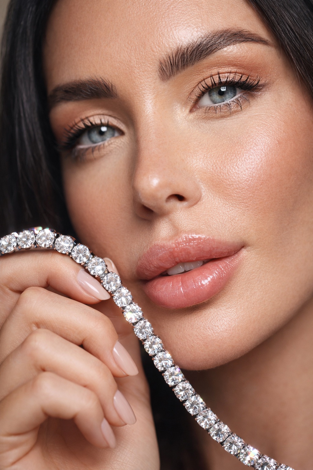 Tennis necklace held to the cheek in close-up