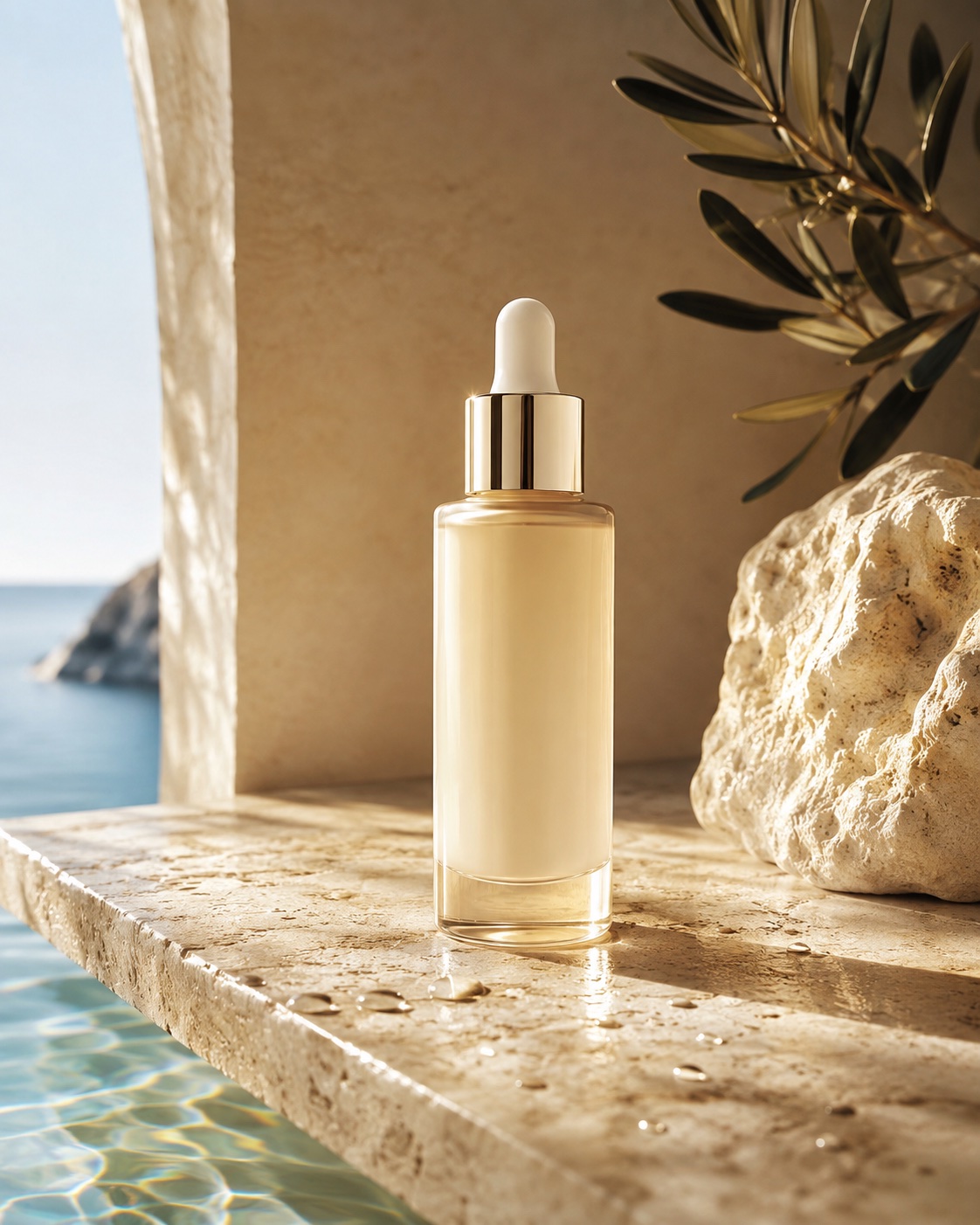 Serum bottle on travertine above the sea