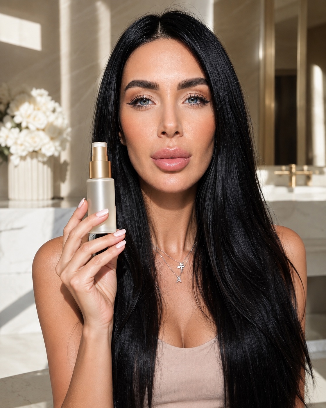 Serum bottle held to camera