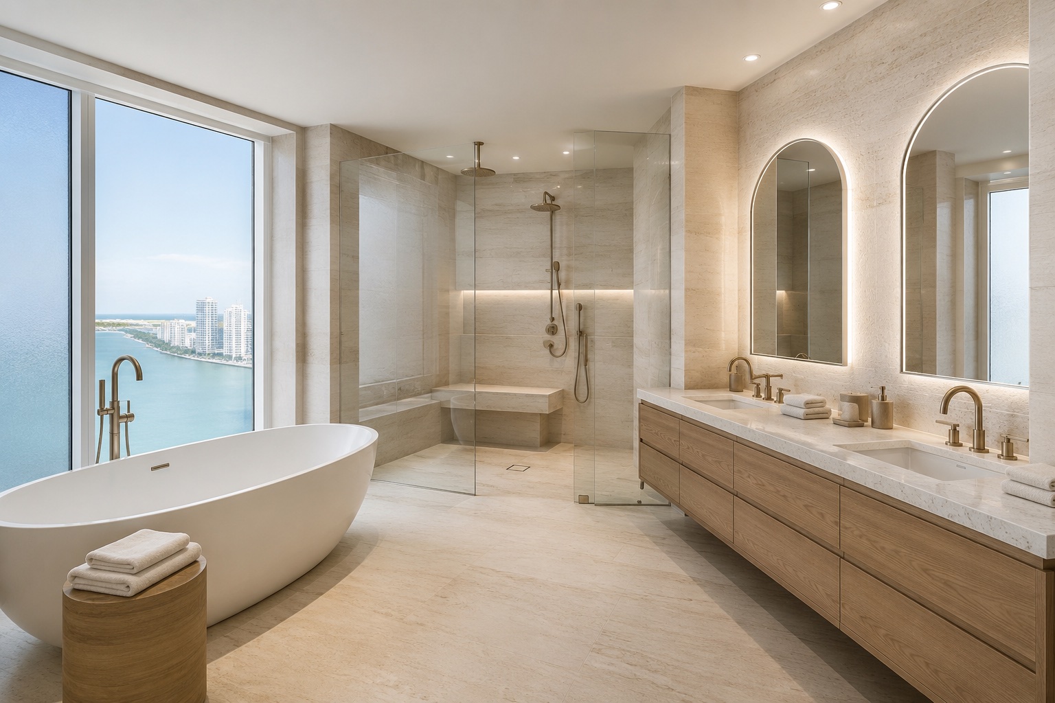 Primary bathroom in travertine with a freestanding tub at a floor-to-ceiling window over the water