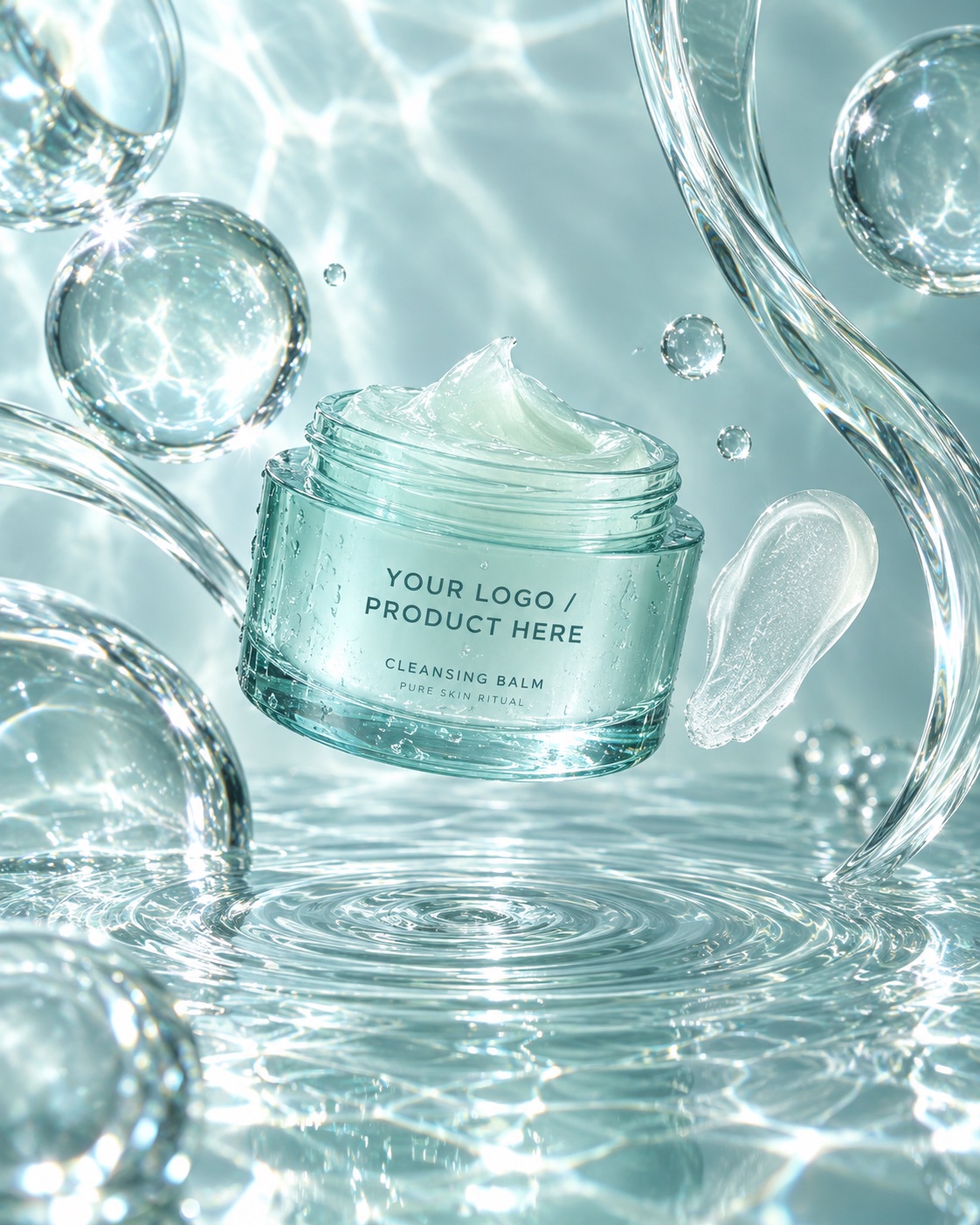 Cleansing balm jar suspended in water with bubbles and ribbons