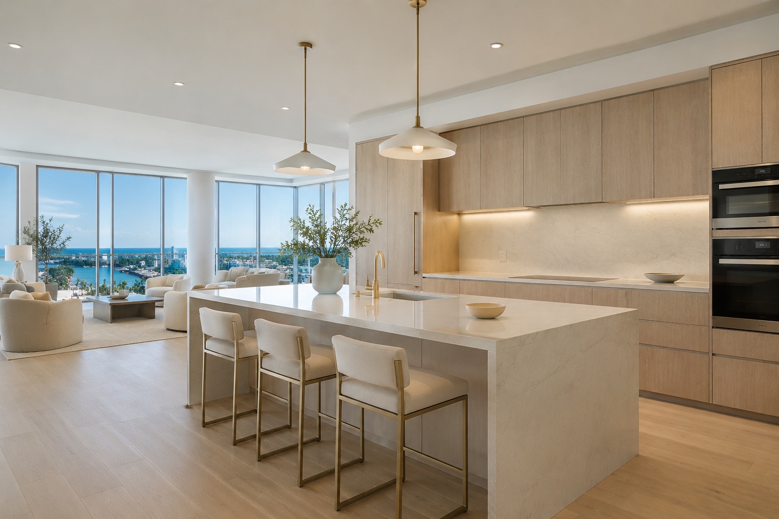 Open kitchen with a stone island, brass fixtures, and a bay view