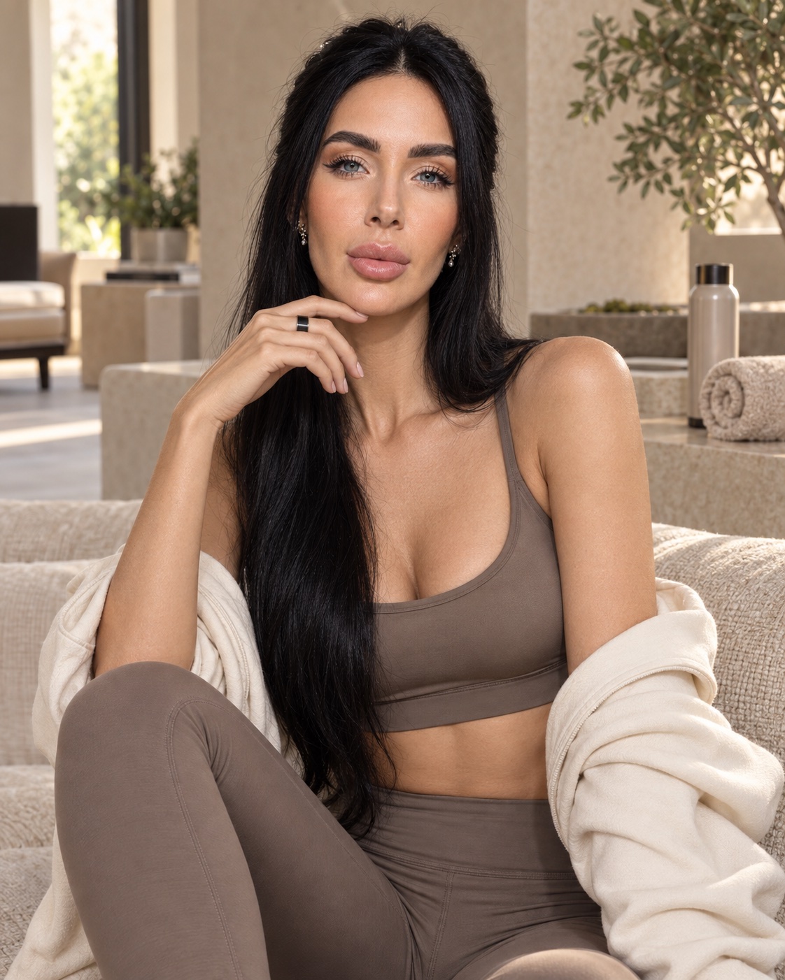 Recovery moment on a lounge sofa in taupe loungewear