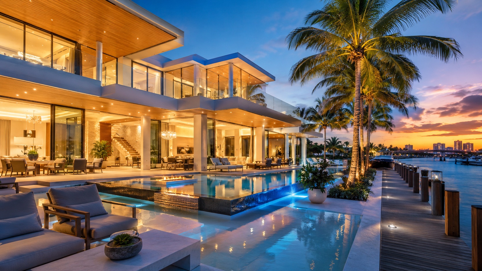 Villa at sunset with pool and palms