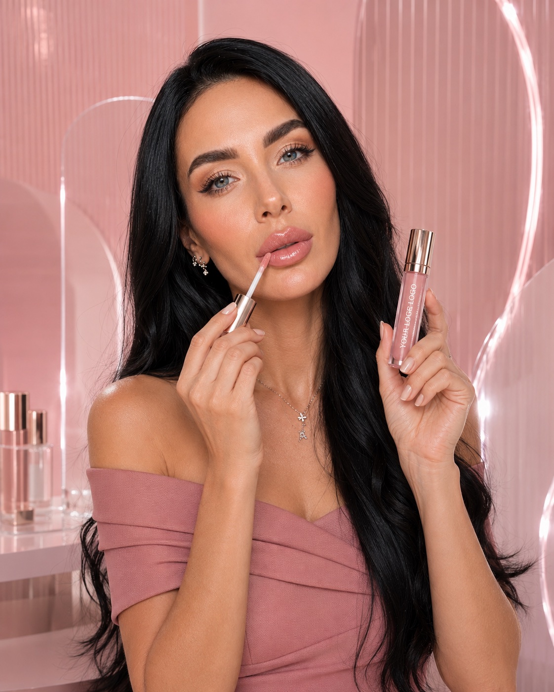 Lip oil held to camera in a pink acrylic studio set
