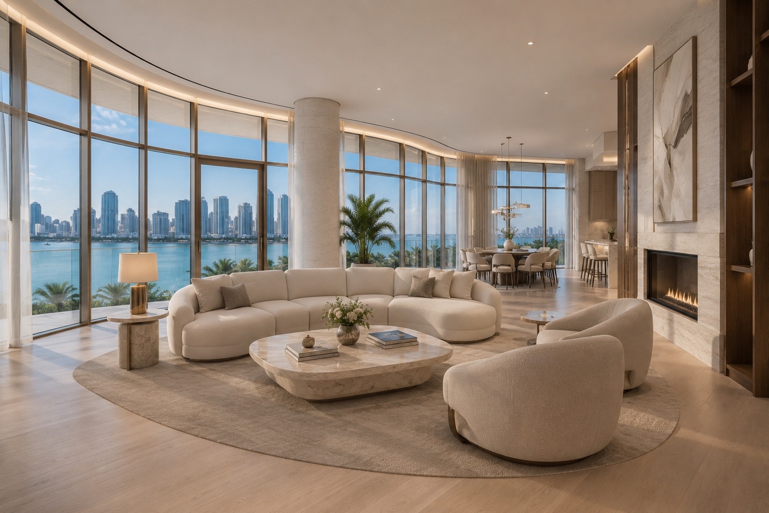 Panoramic penthouse interior with city and bay view
