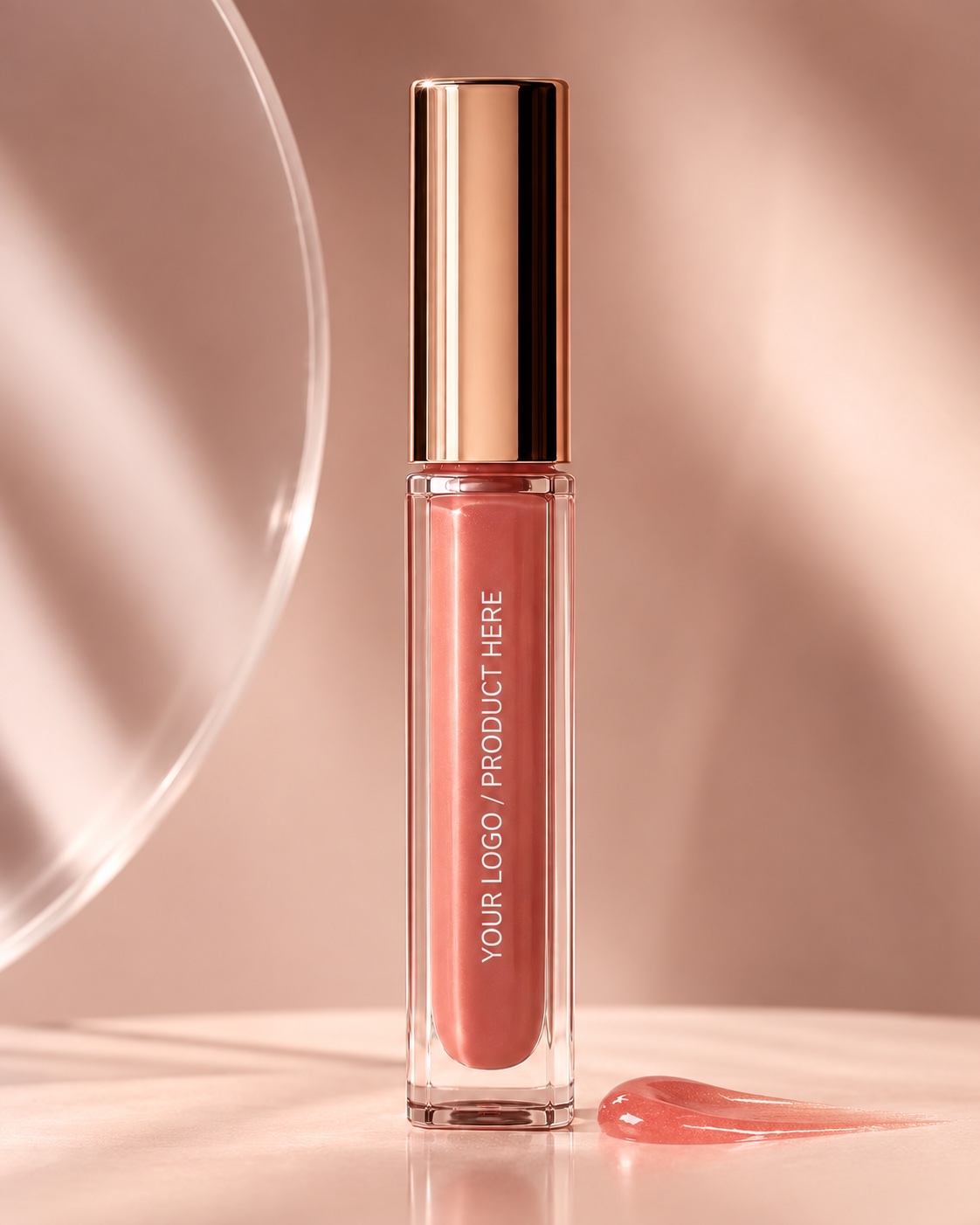 Lip gloss in a gold-capped glass tube with a gloss swatch beside it, marked YOUR LOGO / PRODUCT HERE