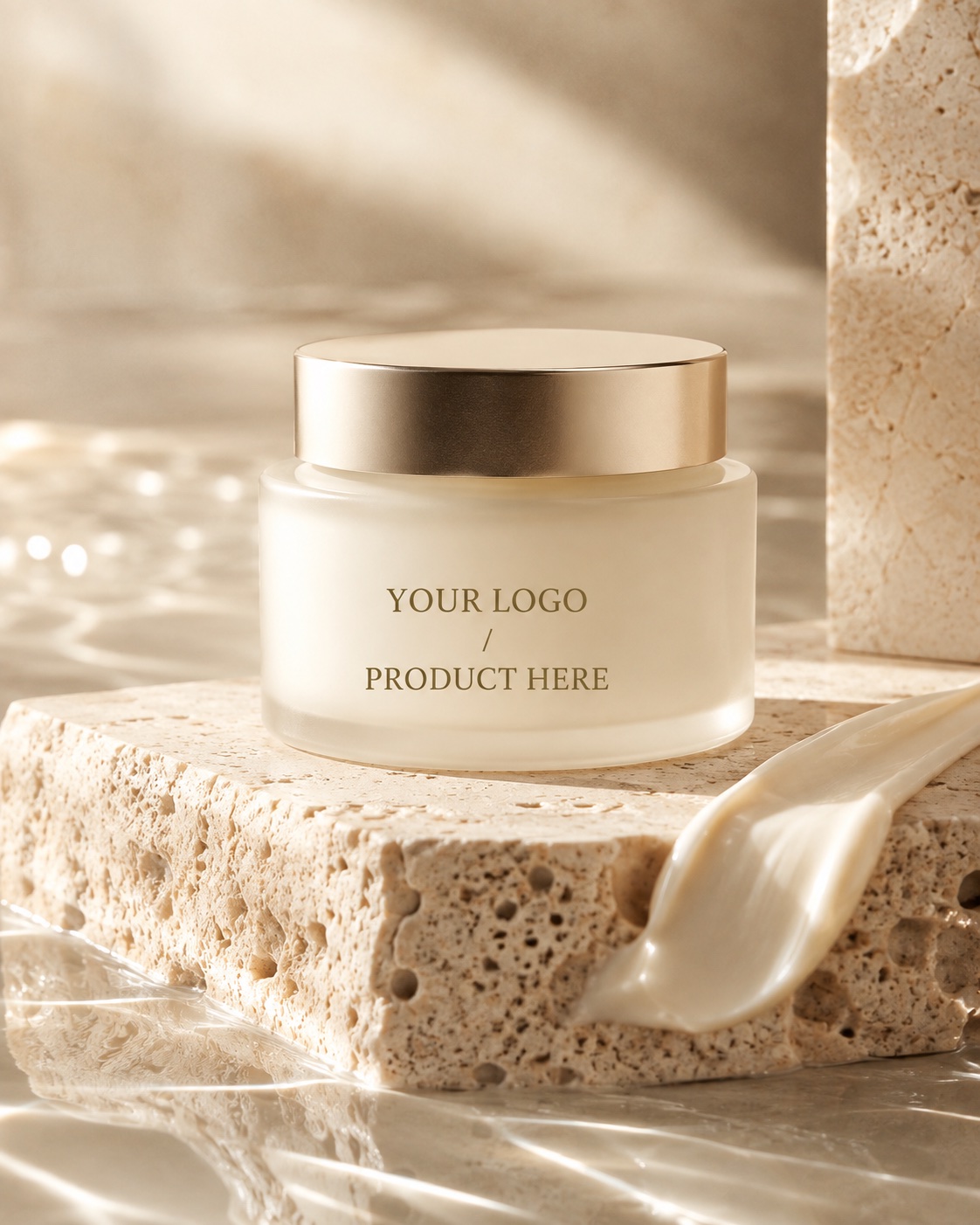 Cream jar on travertine with a swatch