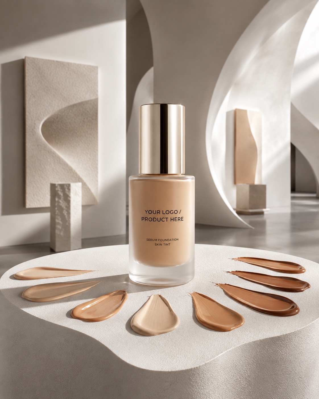 Serum foundation bottle on a sculptural set with shade swatches fanned around it