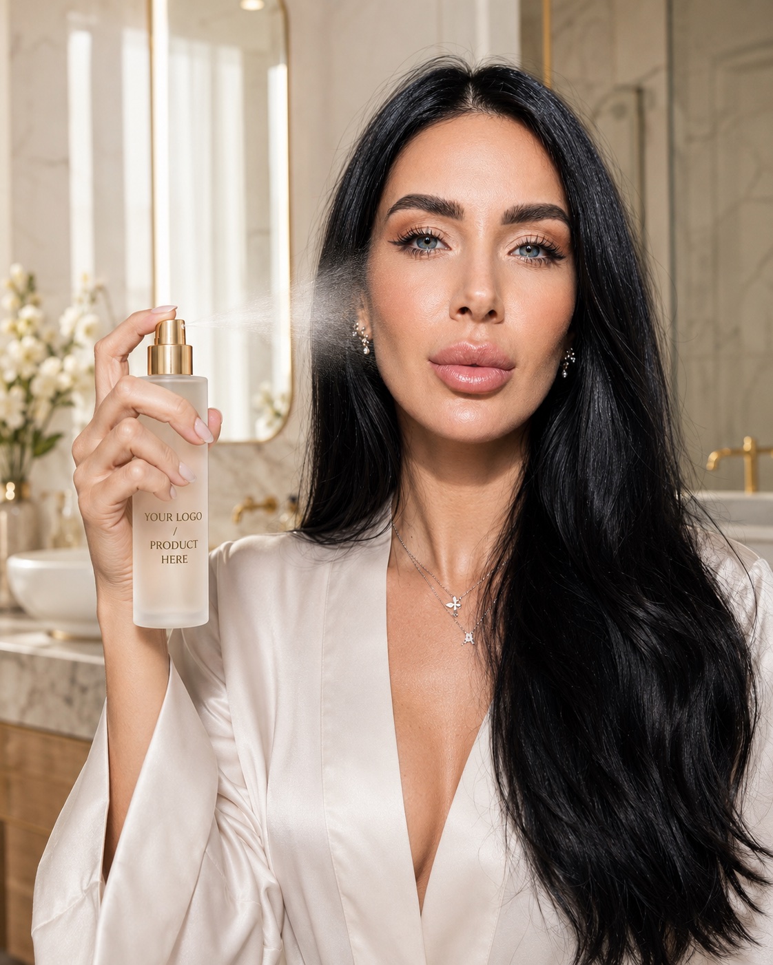 Facial mist applied in a marble bathroom with the bottle label in frame