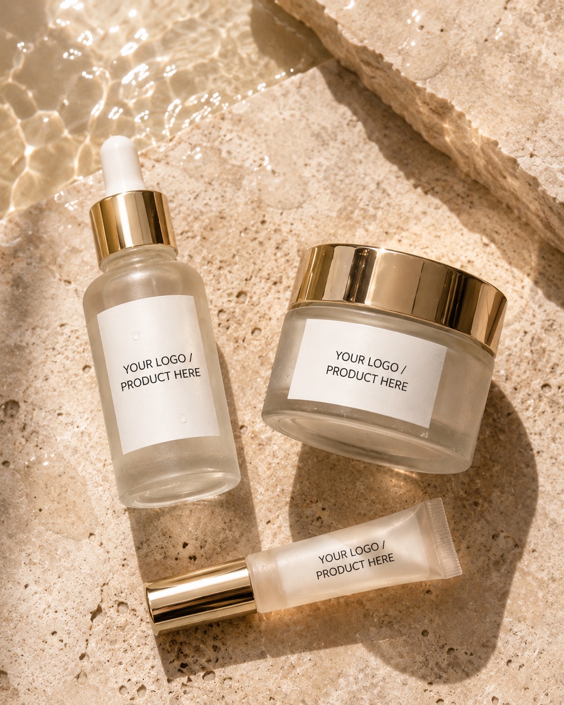 Three-piece skincare set in water light