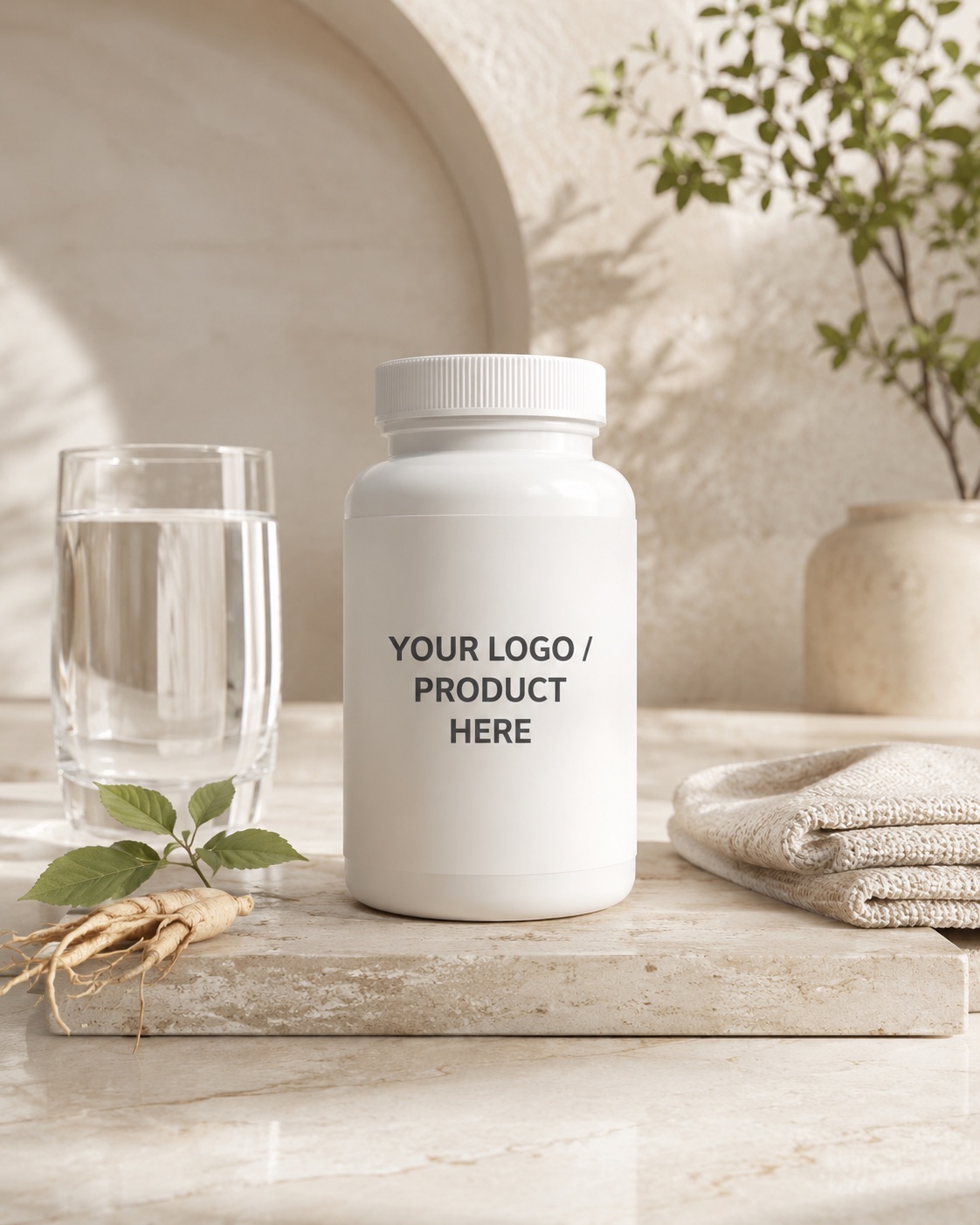 Supplement bottle with water and ginger