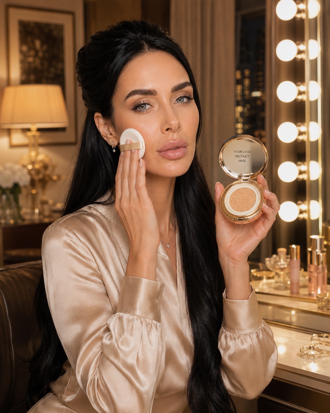 Cushion foundation applied at a lit vanity