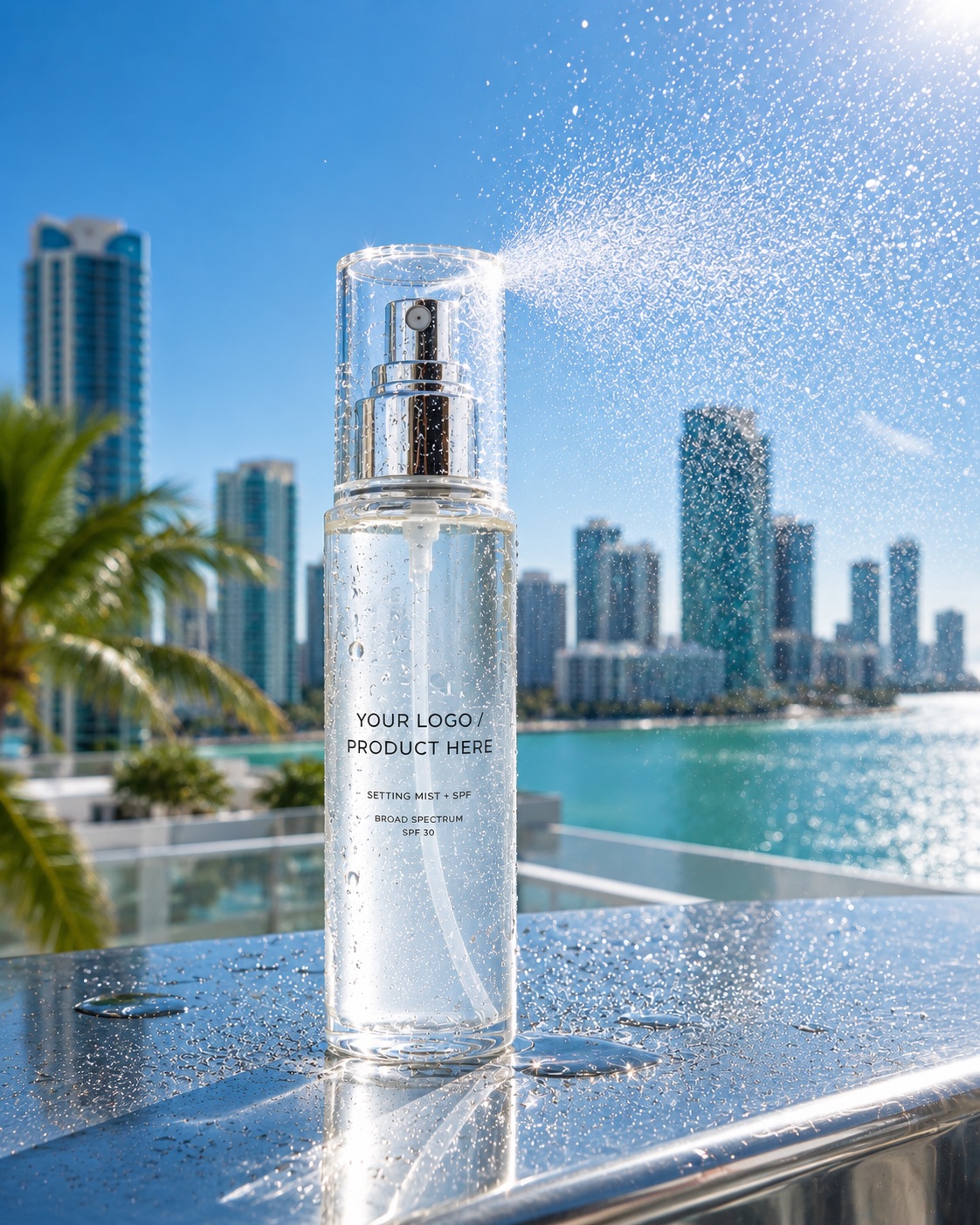 Setting mist with SPF spraying against a bay skyline