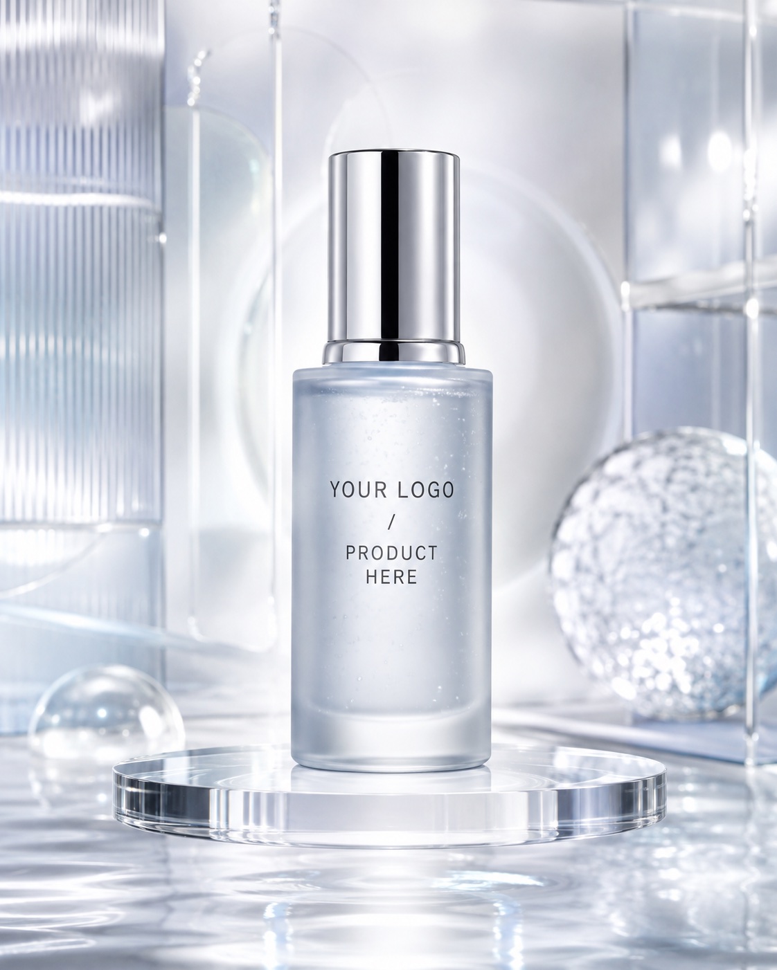 Peptide serum bottle on an acrylic podium in icy studio light