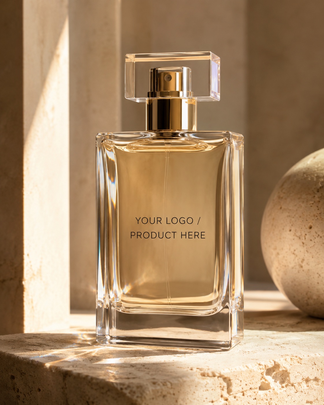 Fragrance bottle in warm directional light