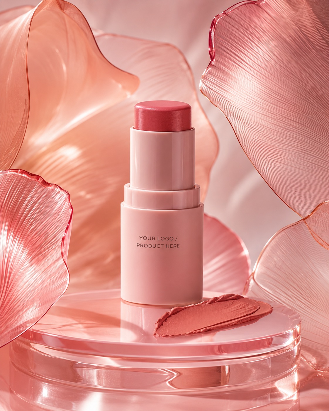 Blush stick on a glass podium among translucent petals