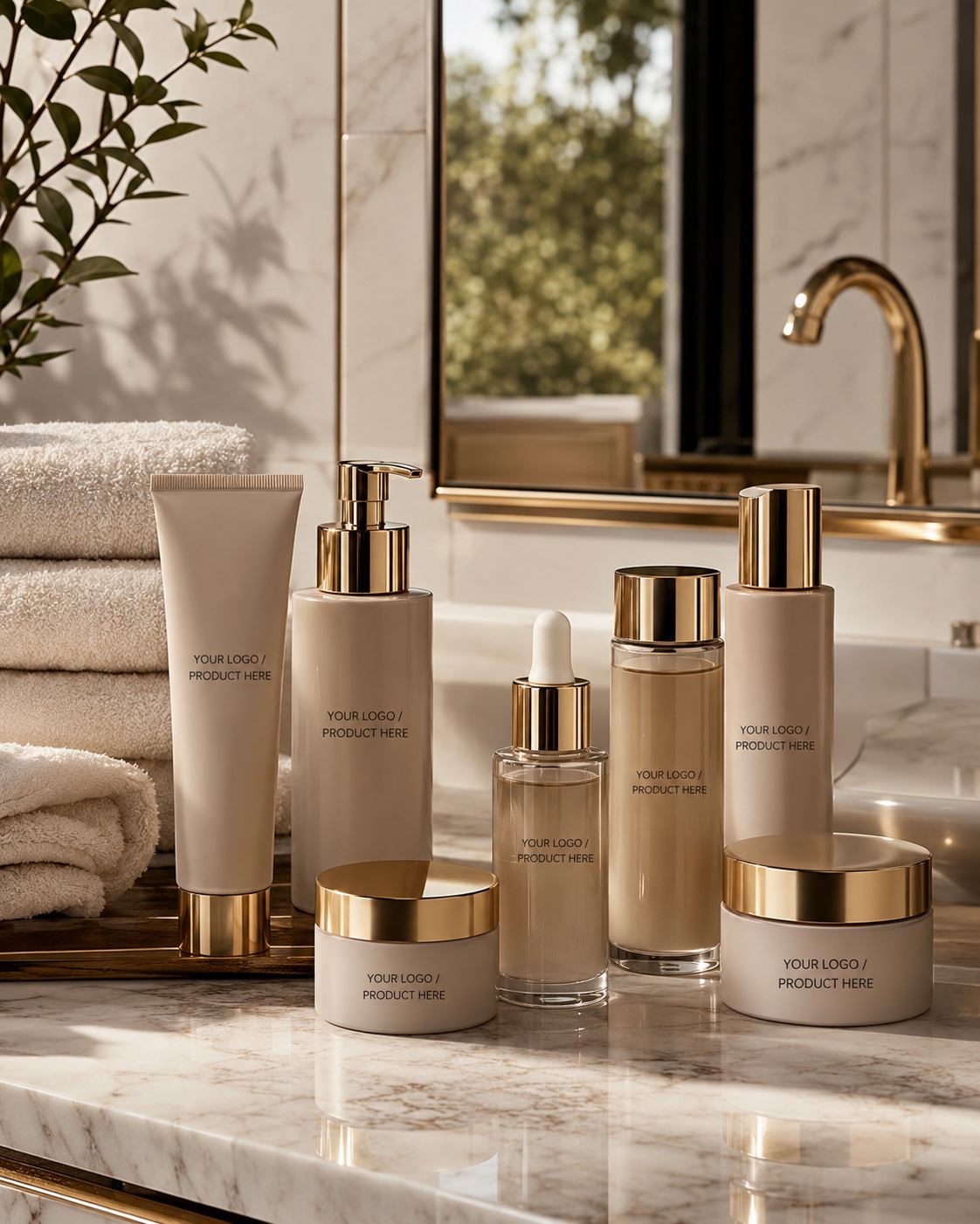Gold-capped skincare range arranged on a marble counter