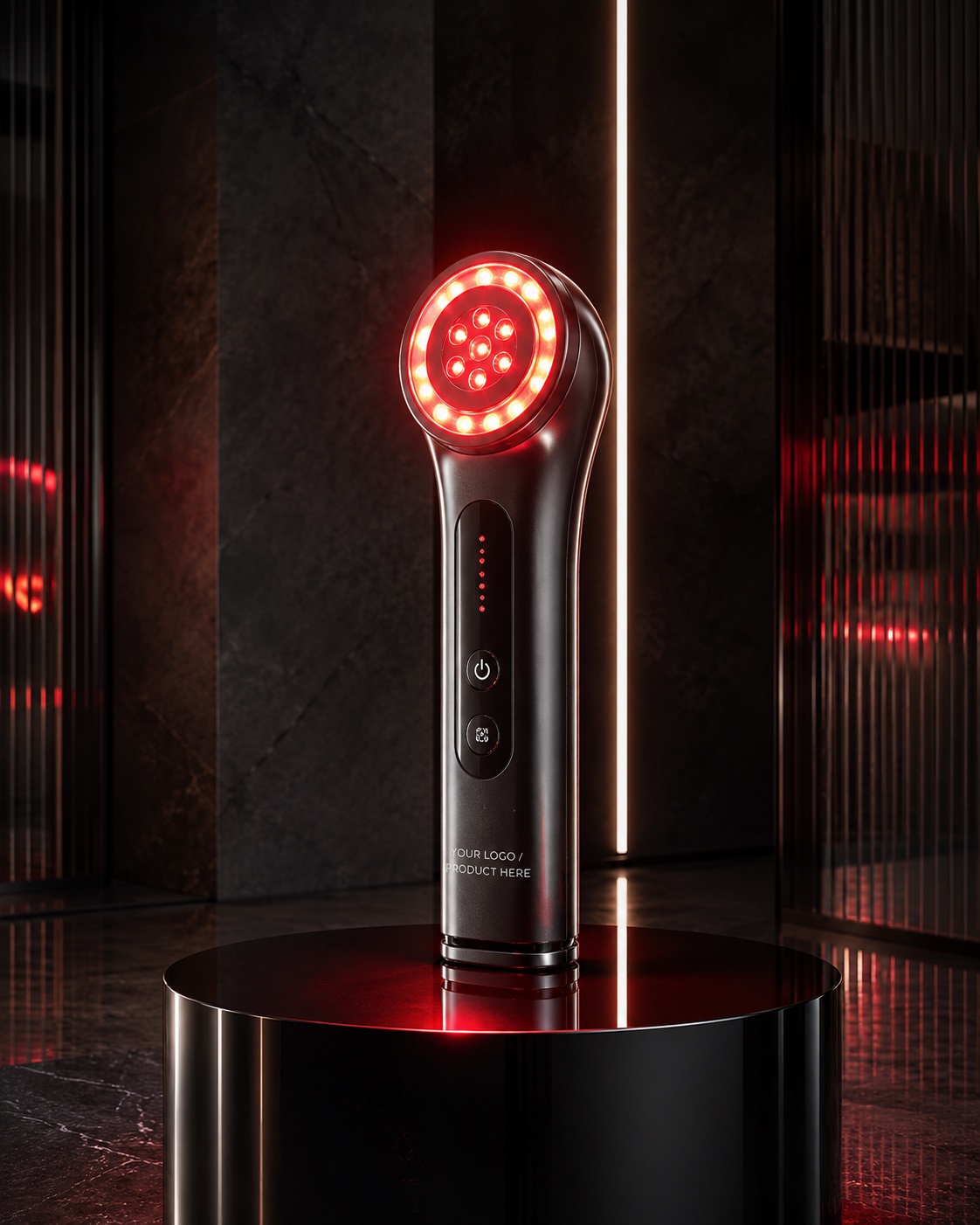 Red light therapy device on a black pedestal