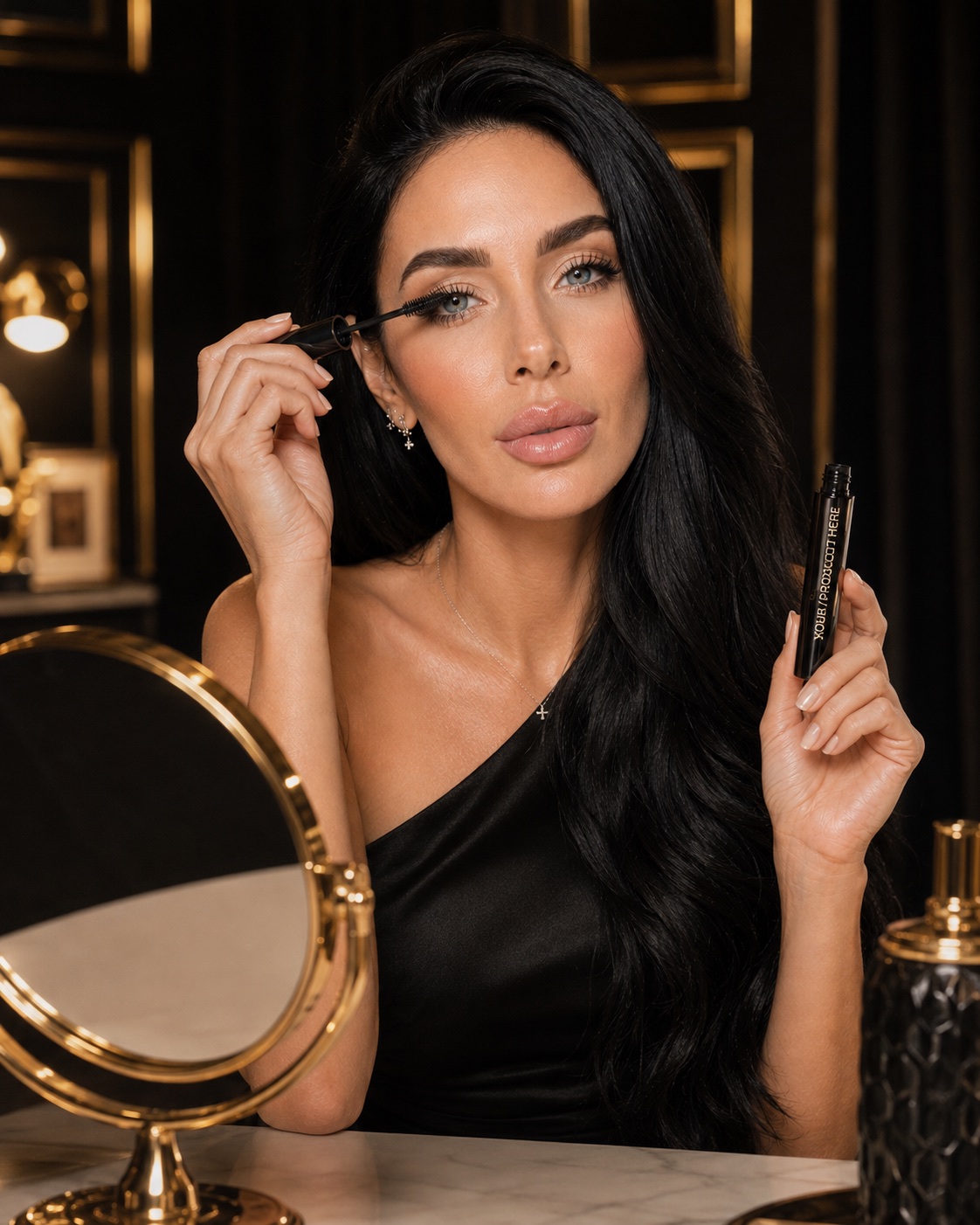 Mascara applied at a black and gold vanity