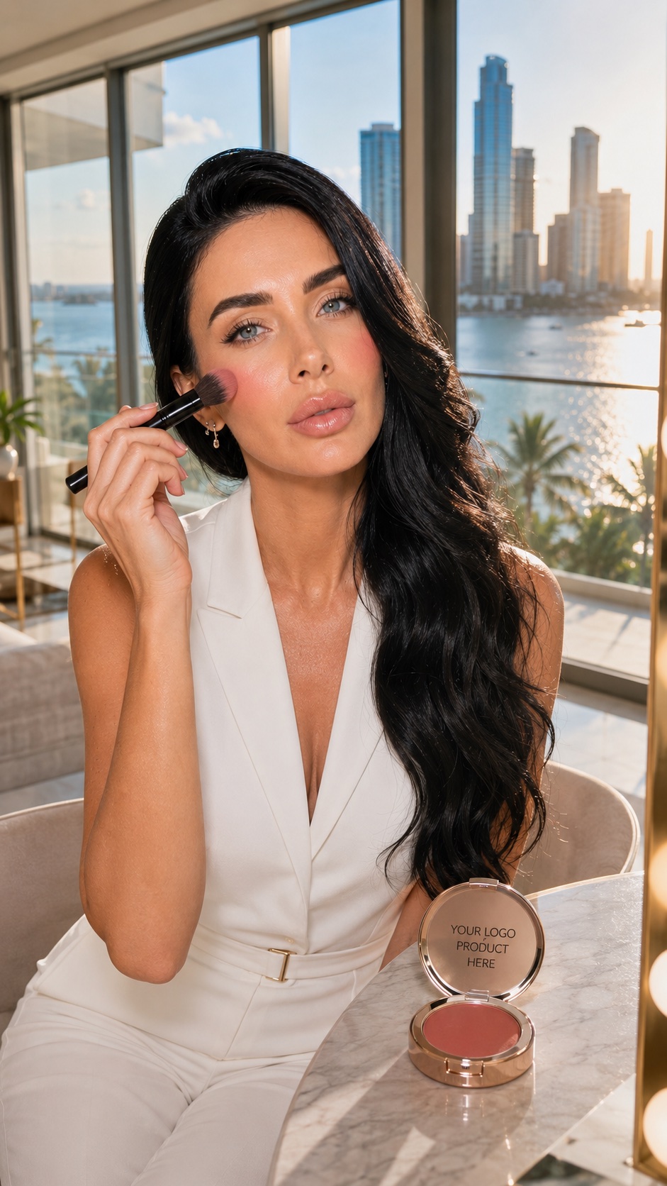 Cream blush compact on a marble table with a skyline behind